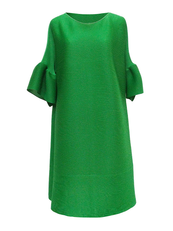 A-line Flared Sleeves Pleated Solid Color Round-neck Maxi Dresses Midi Dresses