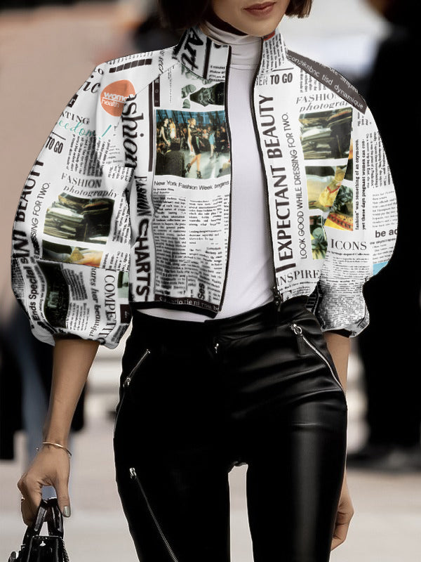 Loose Puff Sleeves Letter Print Stand Collar Outerwear