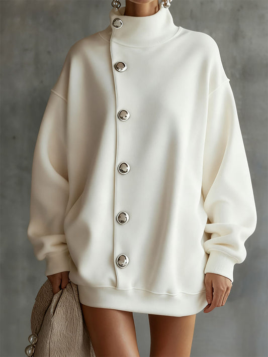 Long Sleeves Loose Buttoned Solid Color Split-Joint High Neck Mini Dresses Sweatershirt