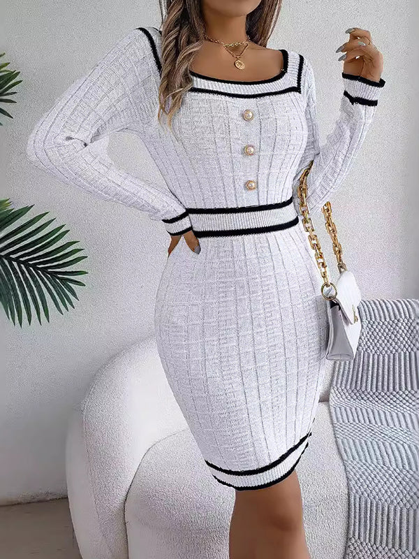 Bodycon Long Sleeves Buttoned Contrast Color Plaid Square-Neck Mini Dresses Sweater Dresses