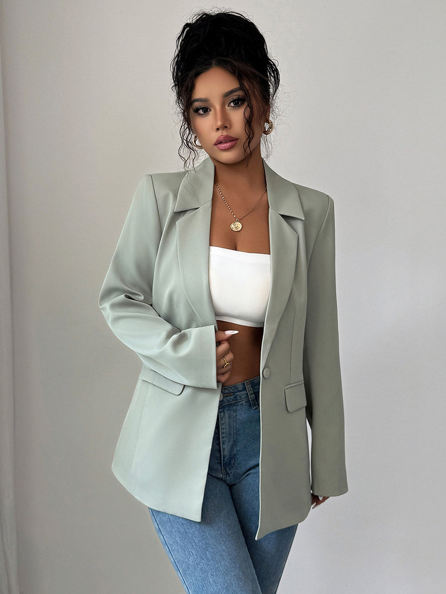 Long Sleeves Loose Buttoned Pockets Solid Color Notched Collar Blazer Outerwear