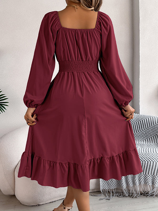 A-Line Elasticated Waist Pleated Ruffled Solid Color Square-Neck Midi Dresses