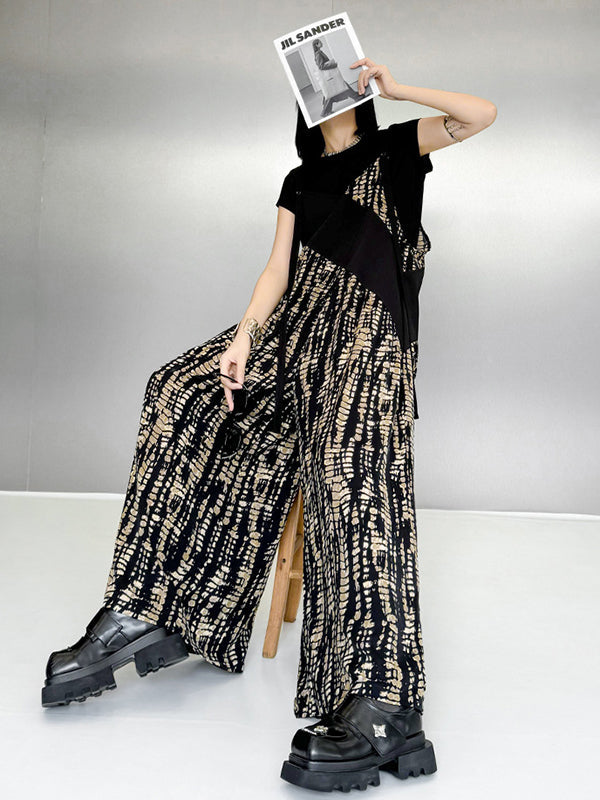 Loose Sleeveless Asymmetric Contrast Color Printed Split-Joint Spaghetti-Neck Overalls