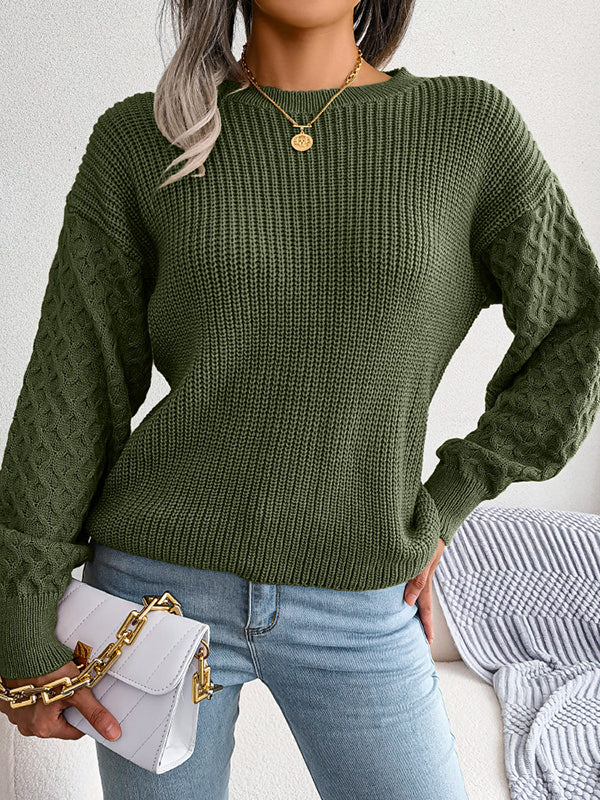 Long Sleeves Loose Cable Knit Solid Color Round-Neck Sweater Tops