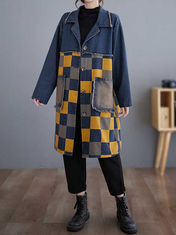 Long Sleeves Loose Buttoned Fringed Plaid Pockets Split-Joint Notched Collar Denim Outerwear
