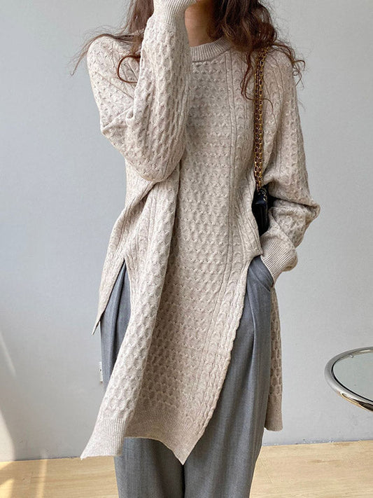 Original Irregular 5 Colors Split-Side Round-Neck Long Sleeves Sweater Top