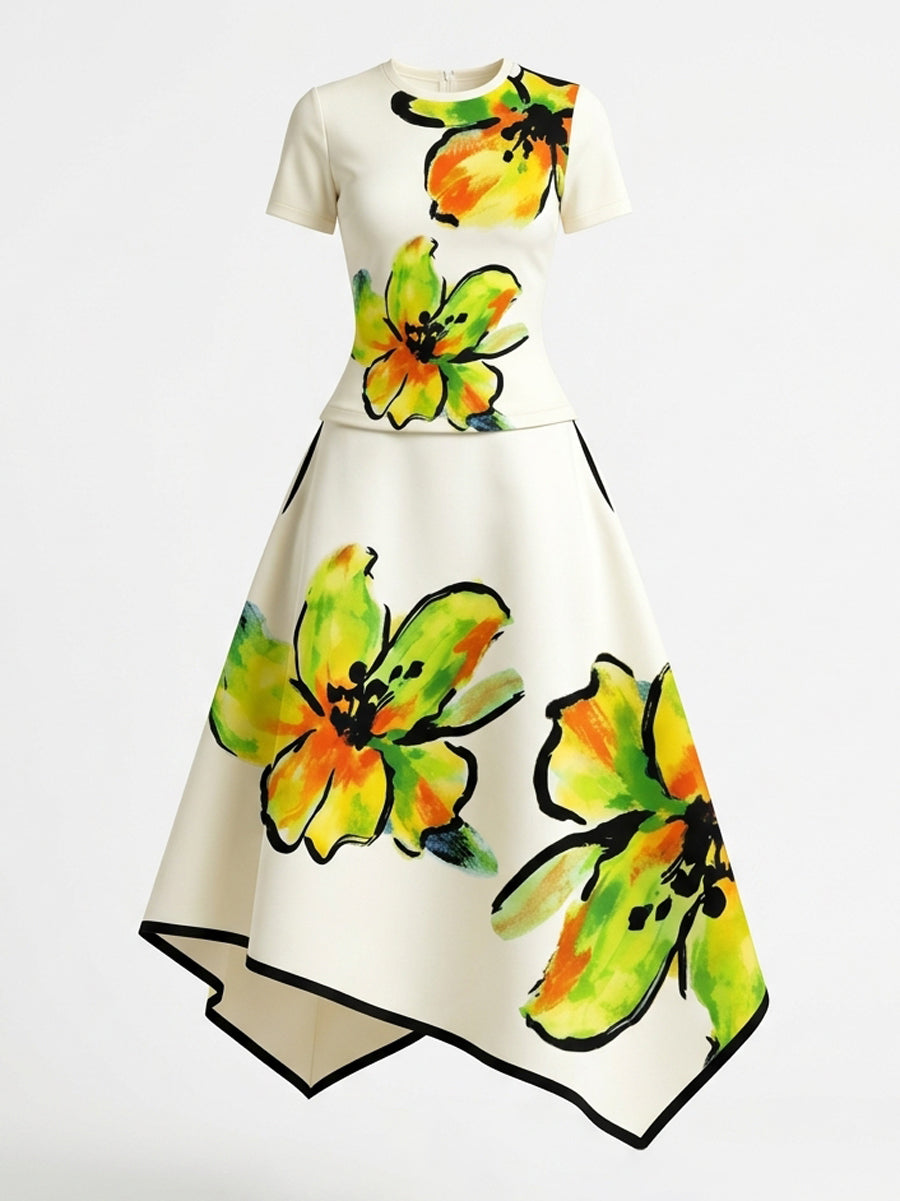 Short Sleeves Flower Print Round-Neck T-Shirts Tops