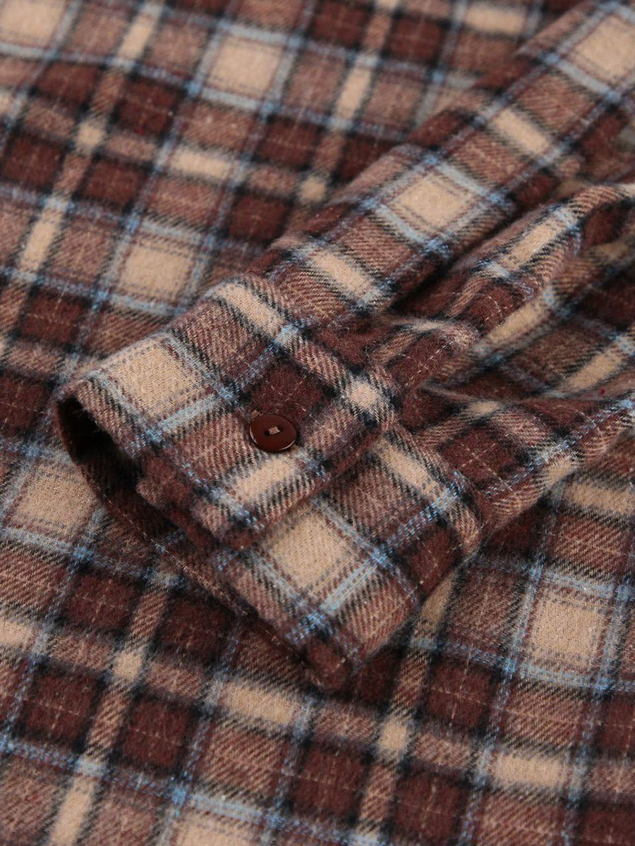 Long Sleeves Loose Buttoned Contrast Color Plaid Split-Joint Lapel Blouses&Shirts Tops Outerwear