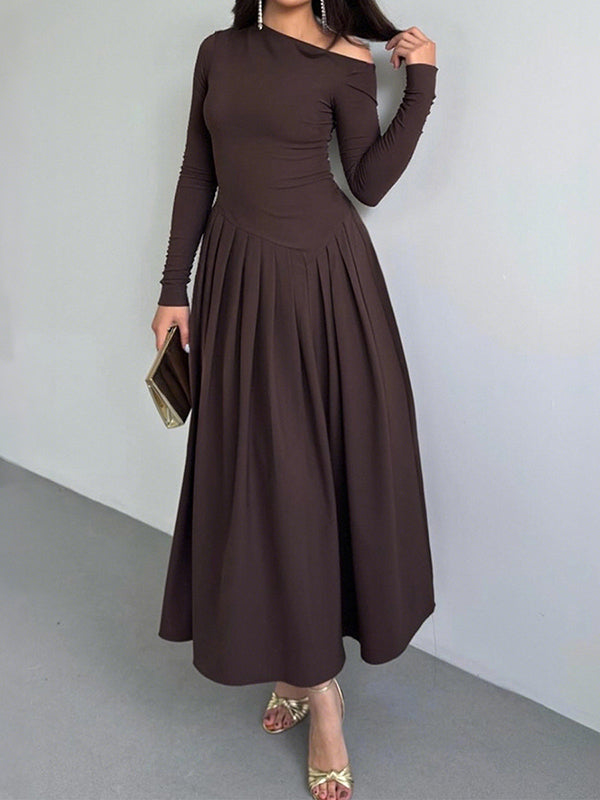 A-Line Bodycon Asymmetric Pleated Solid Color Split-Joint One-Shoulder Maxi Dresses