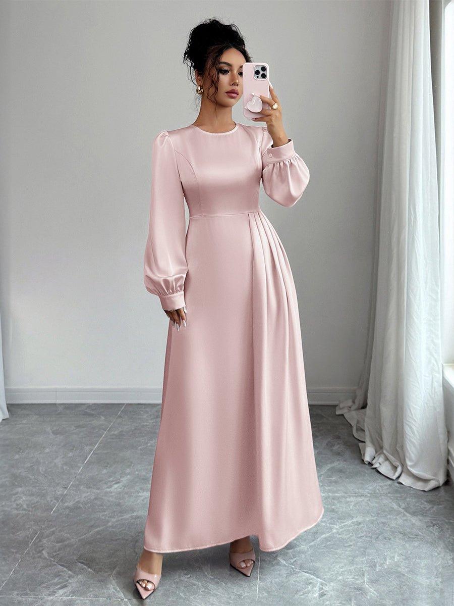 A-Line Elasticated Waist Asymmetric Pleated Solid Color Split-Joint Round-Neck Maxi Dresses