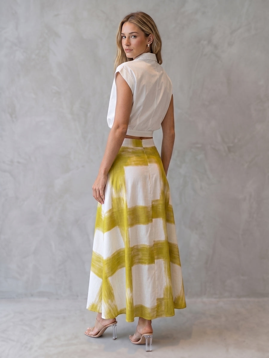 Buttoned Lapel Solid Color Blouses&Shirts Tops +  Contrast Color A-Line High Waisted Printed Skirts Bottoms Two Pieces Set