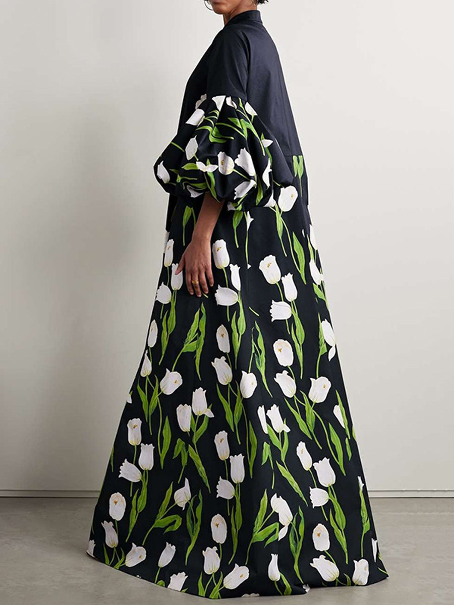 Loose Plus Size Flower Print Pleated Split-Joint Stand Collar Maxi Dresses Trench Coats