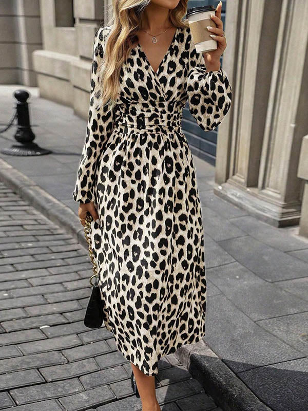 Elasticated Waist High Waisted Contrast Color Leopard Pleated Split-Joint V-Neck Maxi Dresses