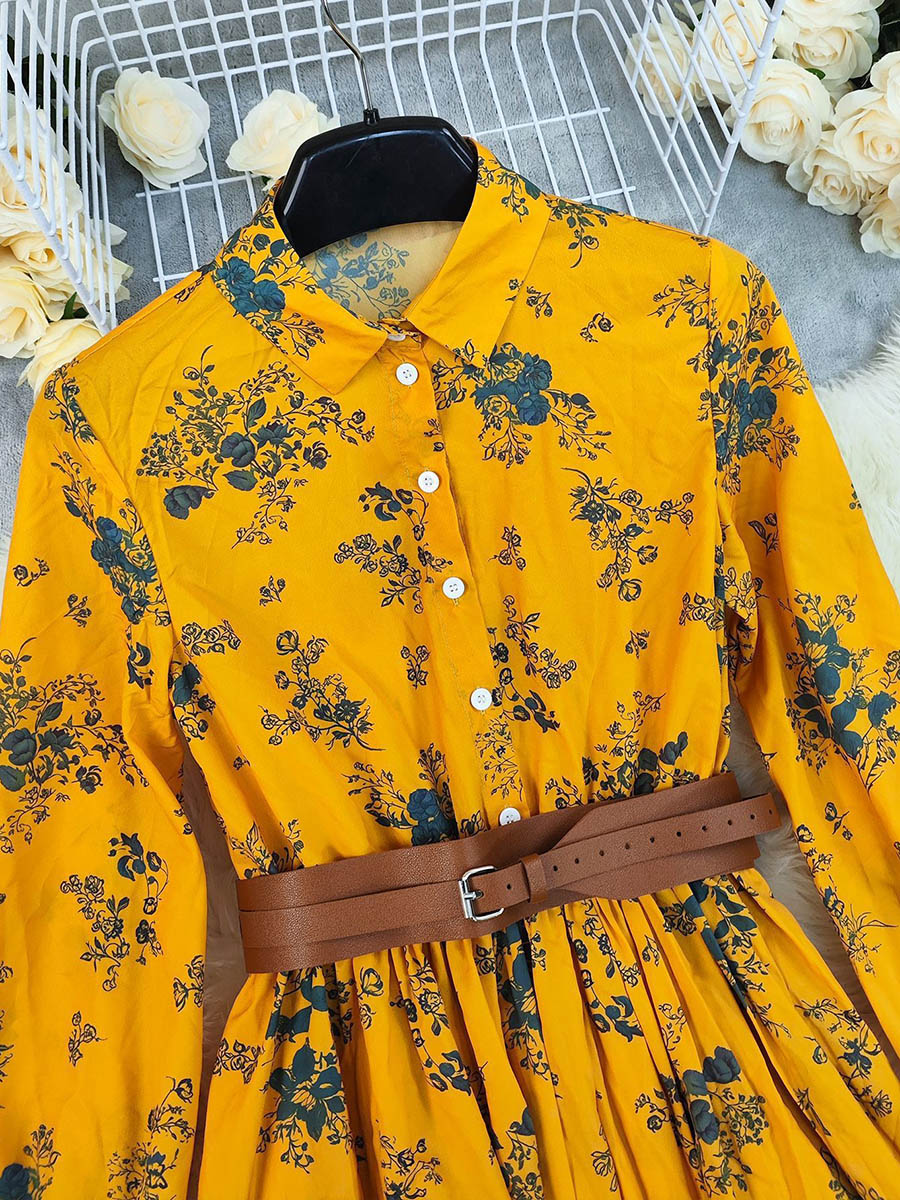 A-Line Elasticated Waist Belted Buttoned Contrast Color Flower Print Pleated Split-Joint Lapel Maxi Dresses Shirt Dress