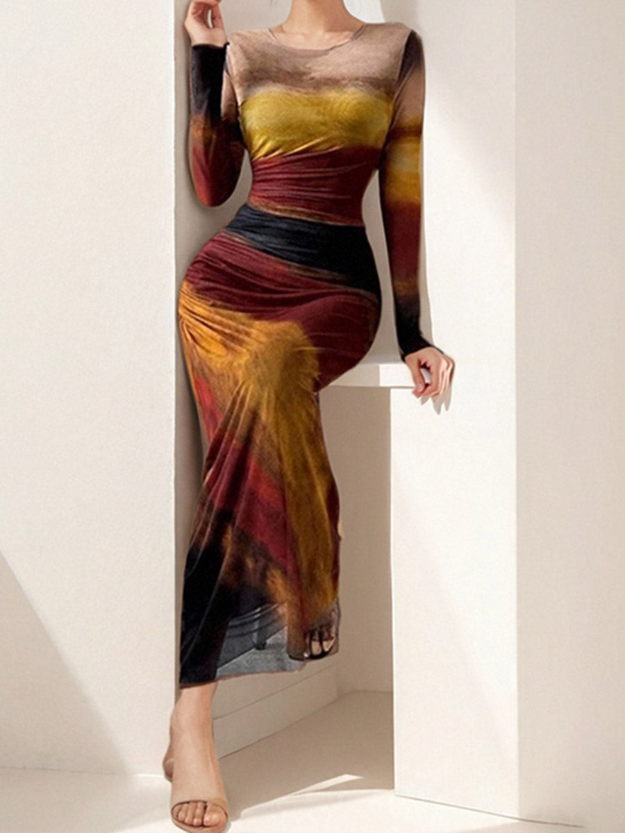 Bodycon High Waisted Contrast Color Pleated Printed Split-Joint Round-Neck Maxi Dresses
