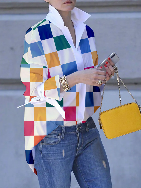 Long Sleeves Loose Buttoned Contrast Color Plaid Tied Stand Collar Blouses&Shirts Tops