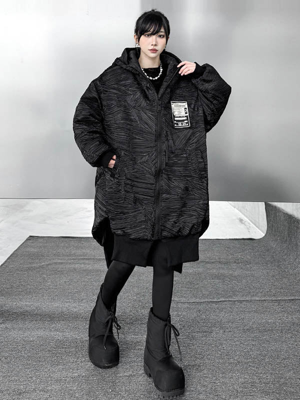 High-Low Irregularity Abstract Printed Contrast Color Split-Joint Zipper Hooded Outerwear Overcoat