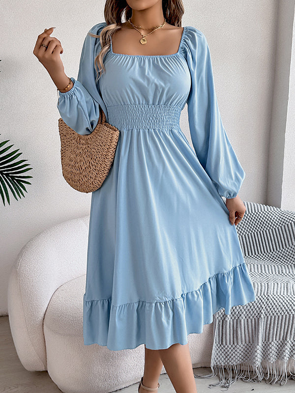 A-Line Elasticated Waist Pleated Ruffled Solid Color Square-Neck Midi Dresses