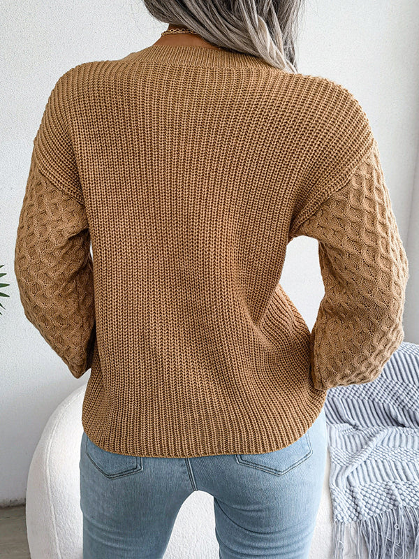 Long Sleeves Loose Cable Knit Solid Color Round-Neck Sweater Tops