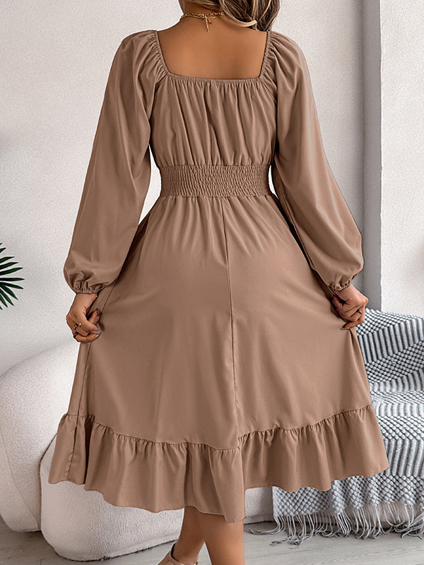 A-Line Elasticated Waist Pleated Ruffled Solid Color Square-Neck Midi Dresses