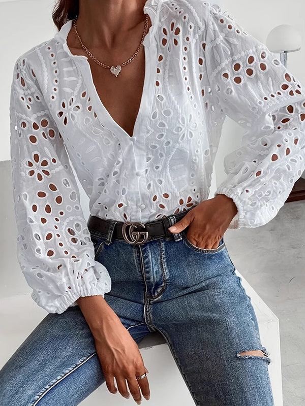 Irregularity Long Sleeves Buttoned Flower Shape Hollow See-Through Single-Breasted Solid Color Split-Joint V-Neck Blouses&Shirts Tops