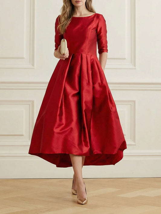 A-Line Loose Pleated Pockets Solid Color Split-Joint Round-Neck Midi Dresses