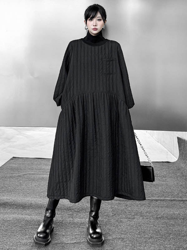 A-Line Long Sleeves Embossed Pockets Quilted Solid Color Split-Joint High Neck Midi Dresses Sweater Dresses