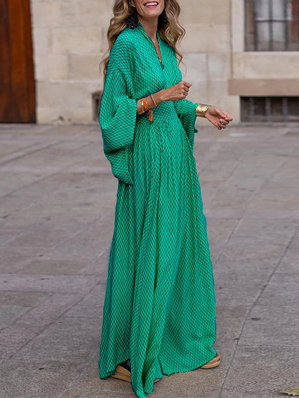 Raglan Sleeve Pleated Split-Joint V-Neck Maxi Dresses