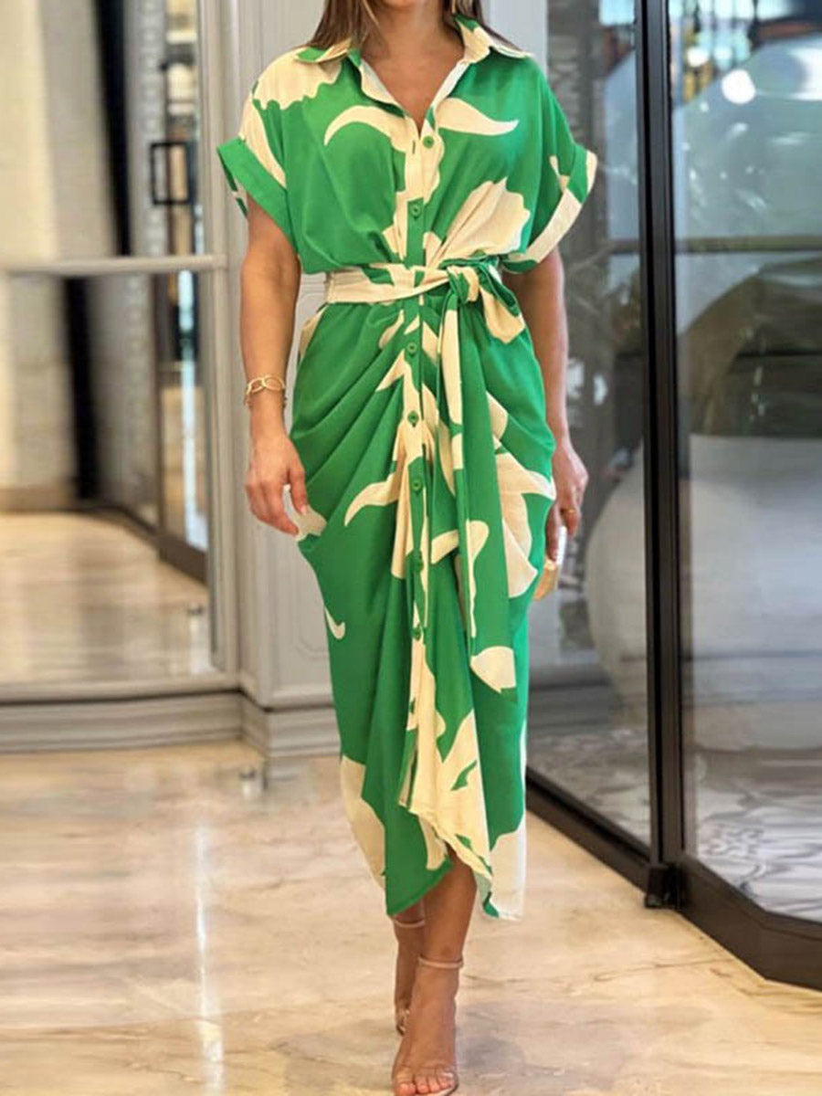 Elasticated Waist High Waisted Buttoned Pleated Solid Color Split-Joint Tied Waist Lapel Maxi Dresses Shirt Dress