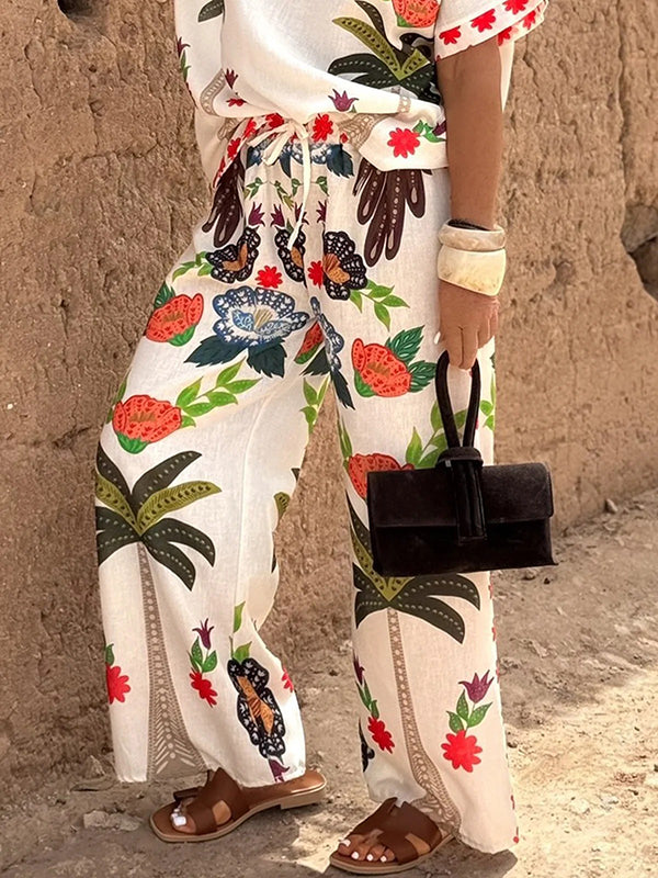 High Waisted Loose Drawstring Elasticity Printed Split-Joint Pants Trousers