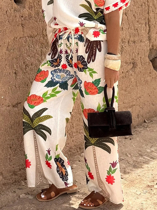 High Waisted Loose Drawstring Elasticity Printed Split-Joint Pants Trousers