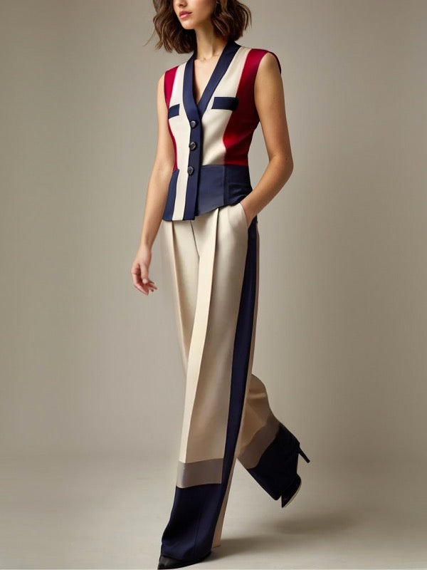 High Waisted Loose Contrast Color Elasticity Pockets Pants Trousers