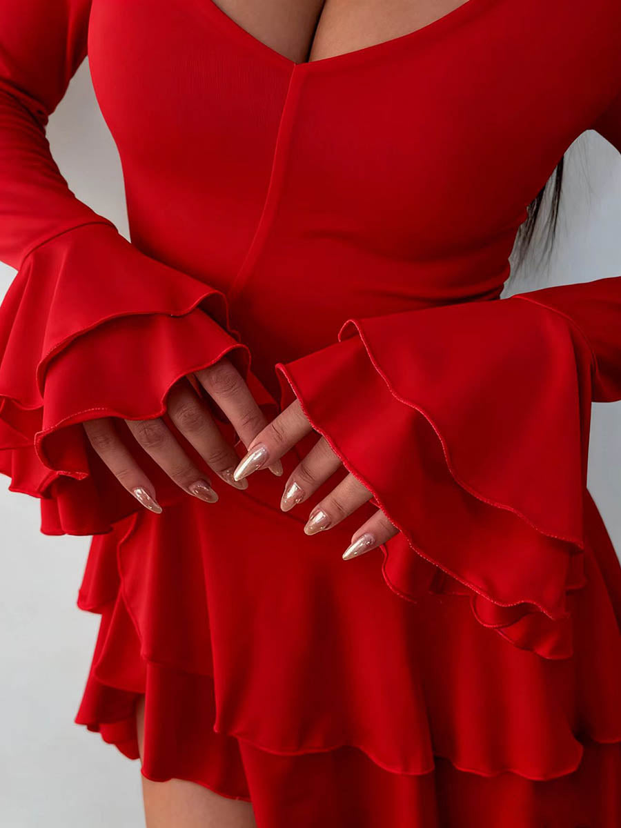 Bodycon High Waisted Asymmetric Pleated Ruffled Solid Color Split-Joint Deep V-Neck Mini Dresses