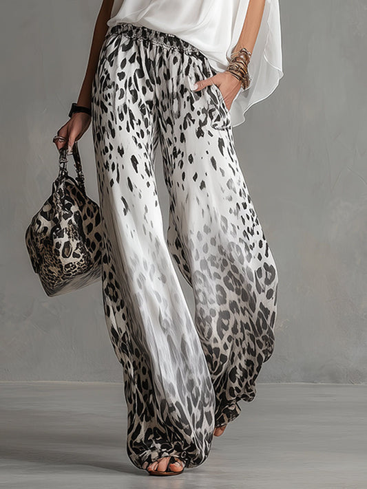 Loose Wide Leg Elasticity Gradient Leopard Pockets Trousers Wide Leg Pants