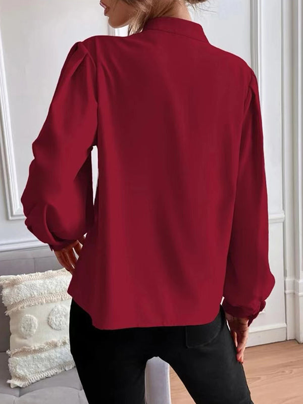Loose Puff Sleeves Pleated Solid Color Split-Joint Stand Collar Blouses