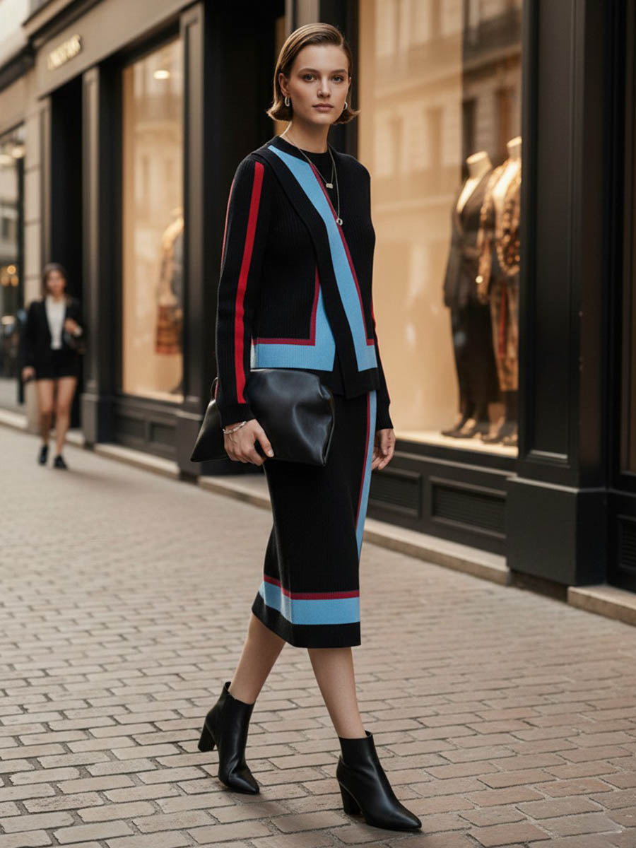 Irregularity Long Sleeves Abstract Printed Asymmetric Contrast Color Ribs Split-Joint Round-Neck Sweater Tops