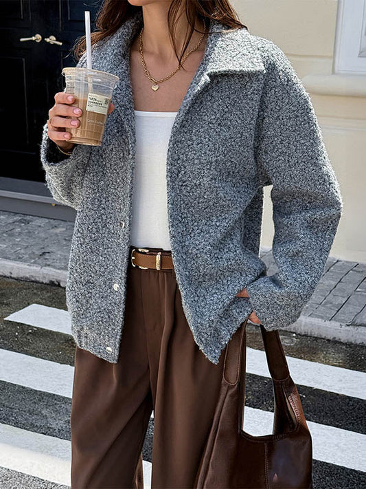 Long Sleeves Loose Buttoned Solid Color Lapel Cardigan Tops Outerwear