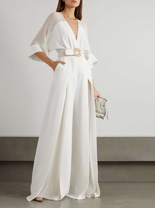 Solid Color Split-Front Contrast Color Tied Waist High Waisted V-Neck Jumpsuits