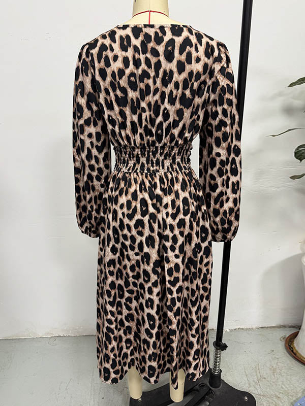 Elasticated Waist High Waisted Contrast Color Leopard Pleated Split-Joint V-Neck Maxi Dresses