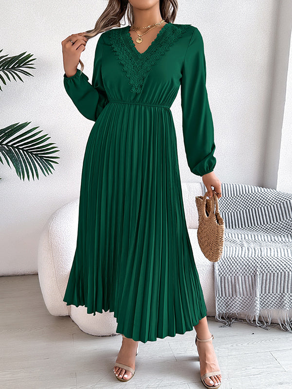 Elasticated Waist High Waisted Pleated Solid Color V-Neck Midi Dresses