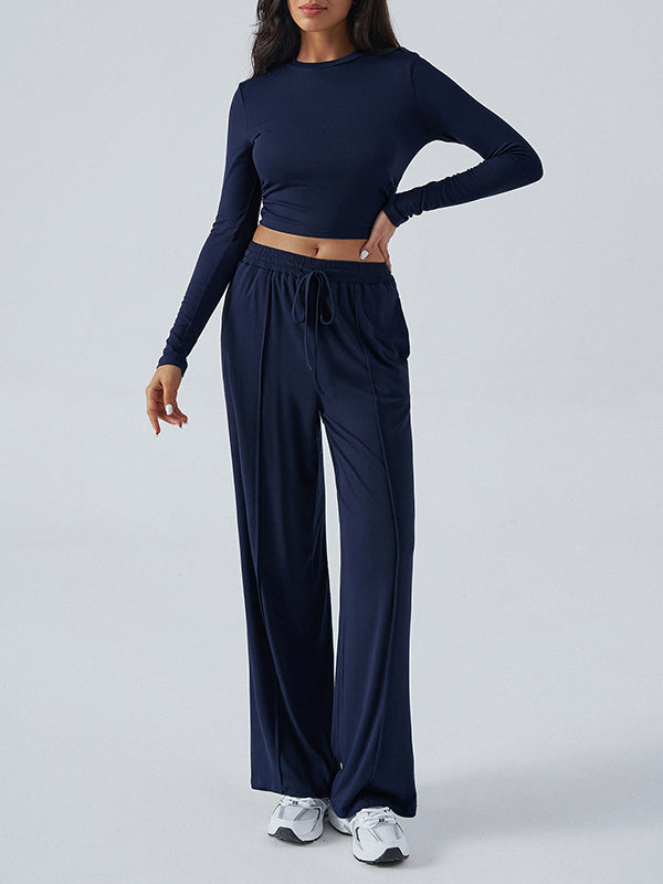 Long Sleeves Loose Solid Color Round-Neck T-Shirt Top + Drawstring Elasticity Pockets Pants Bottom Two Pieces Set