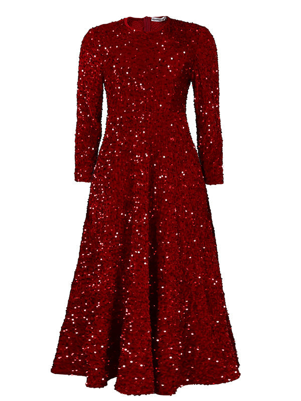 A-Line High Waisted Sequined Split-Joint Zipper Round-Neck Maxi Dresses