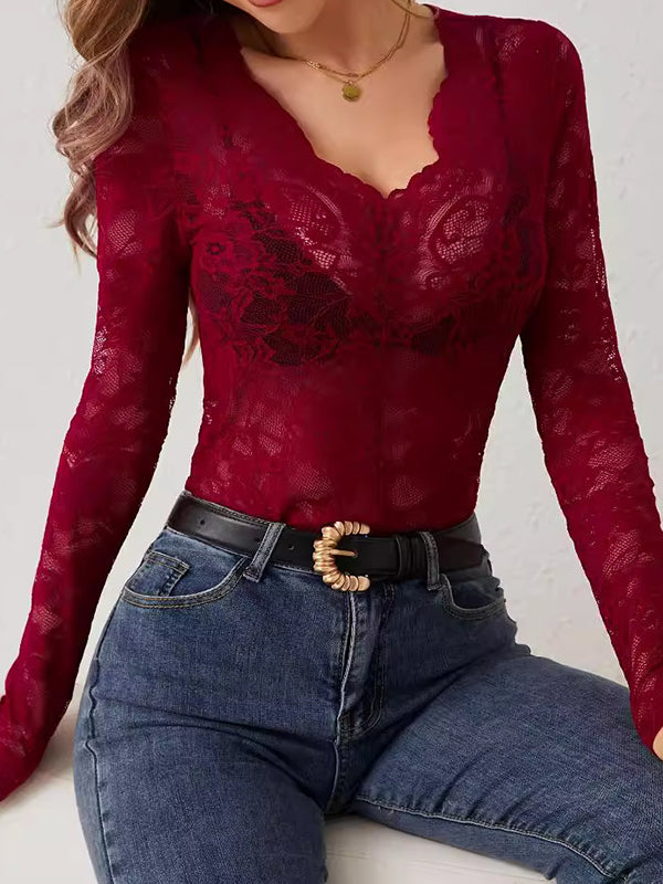 Long Sleeves Skinny Lacy See-Through Solid Color V-Neck T-Shirts