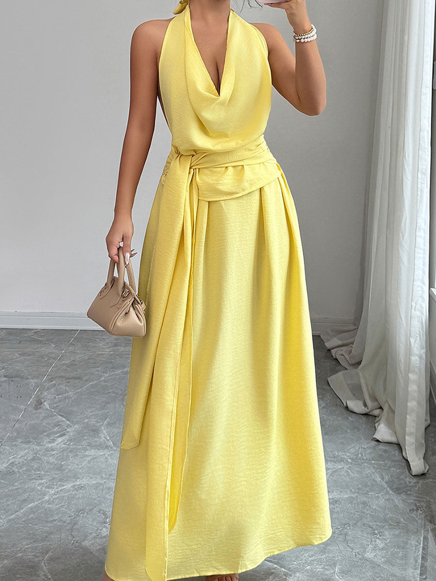 High Waisted Sleeveless Pleated Solid Color Tied Waist Halter-Neck Midi Dresses
