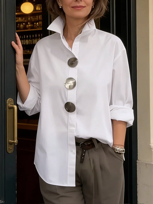 Long Sleeves Loose Buttoned Solid Color Split-Joint Lapel Blouses&Shirts Tops