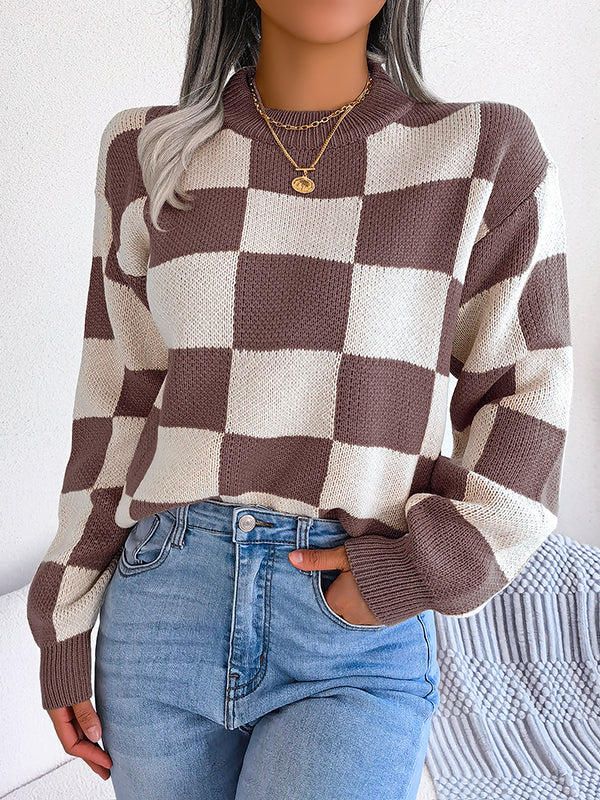 Long Sleeves Loose Contrast Color Plaid Round-Neck Sweater Tops