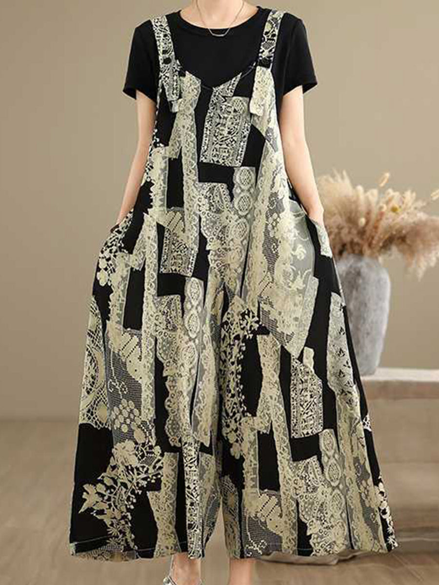 Loose Wide Leg Buttoned Contrast Color Pockets Printed Split-Joint Adjustable Straps Overalls