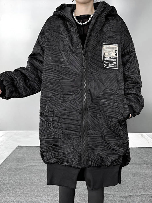 High-Low Irregularity Abstract Printed Contrast Color Split-Joint Zipper Hooded Outerwear Overcoat