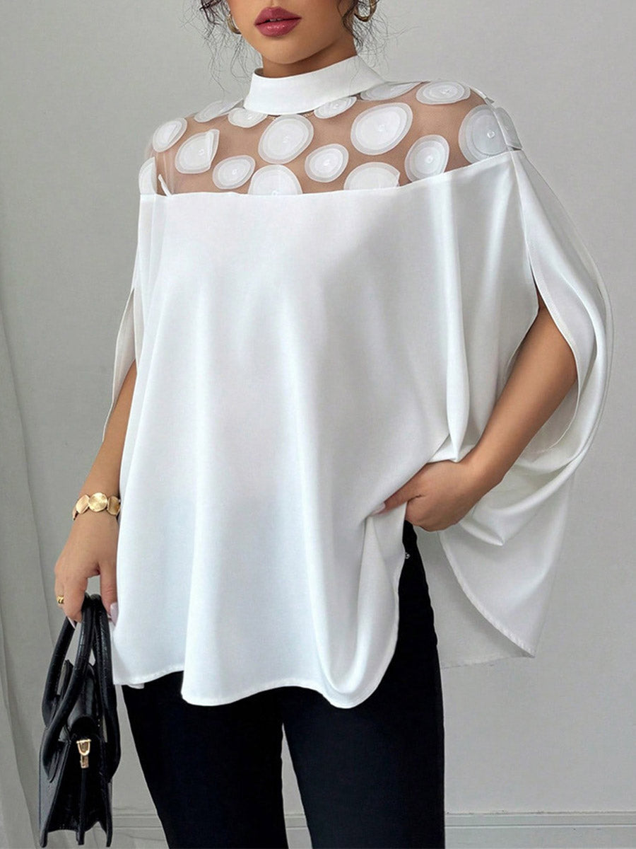 Cape Loose Geometric Pleated See-Through Solid Color Split-Joint Half Turtleneck Blouses&Shirts Tops