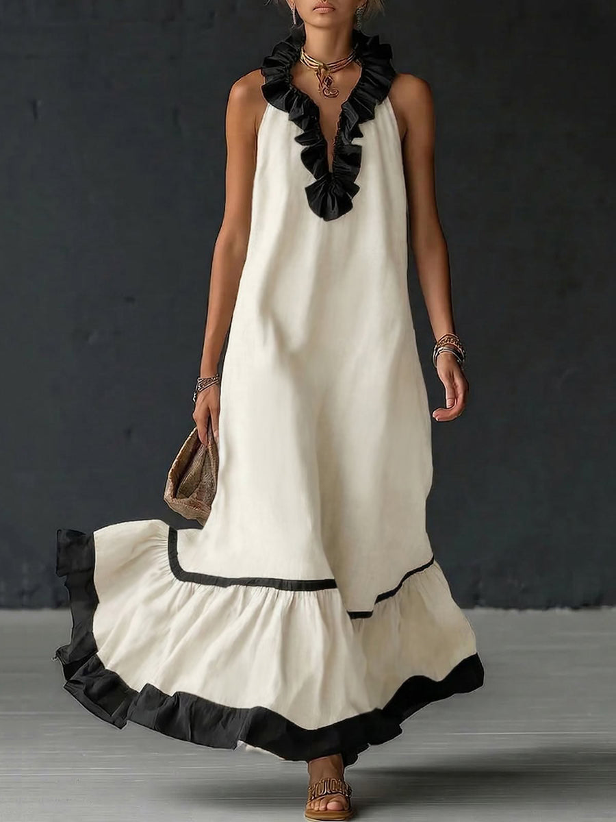 A-Line Loose Contrast Color Pleated Ruffle Trim Split-Joint V-Neck Maxi Dresses